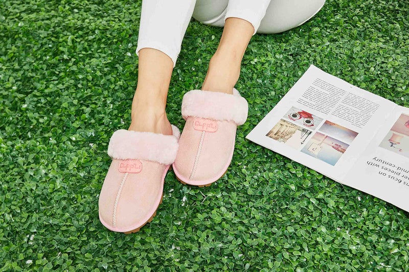 CLPP'LI Womens Slip on Faux Fur Warm Winter Mules Fluffy Suede Comfy Slippers-Pink-8 - Image 5